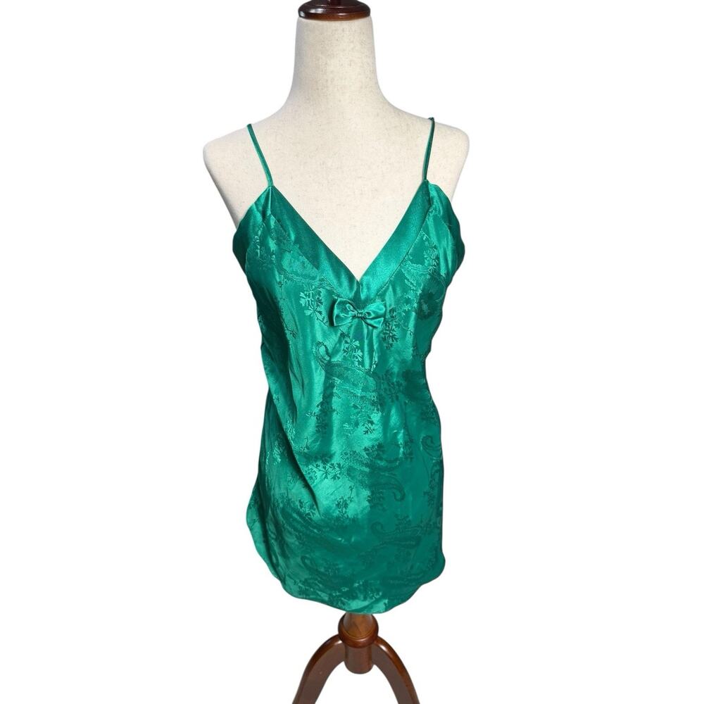Vintage Y2K Emerald Green Satin Slip Mini Dress Bow Detail Lingerie‎ Coquette